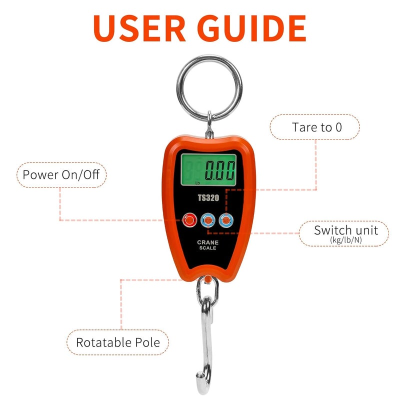 Outmate Digital Crane Scale 300kg/660lbs 200kg/440lbs with LED Handheld Mini Hanging Scale for Garage Farm Hunting Fishing Etc(200kg/Plastic Shell/Orange) - Image 5